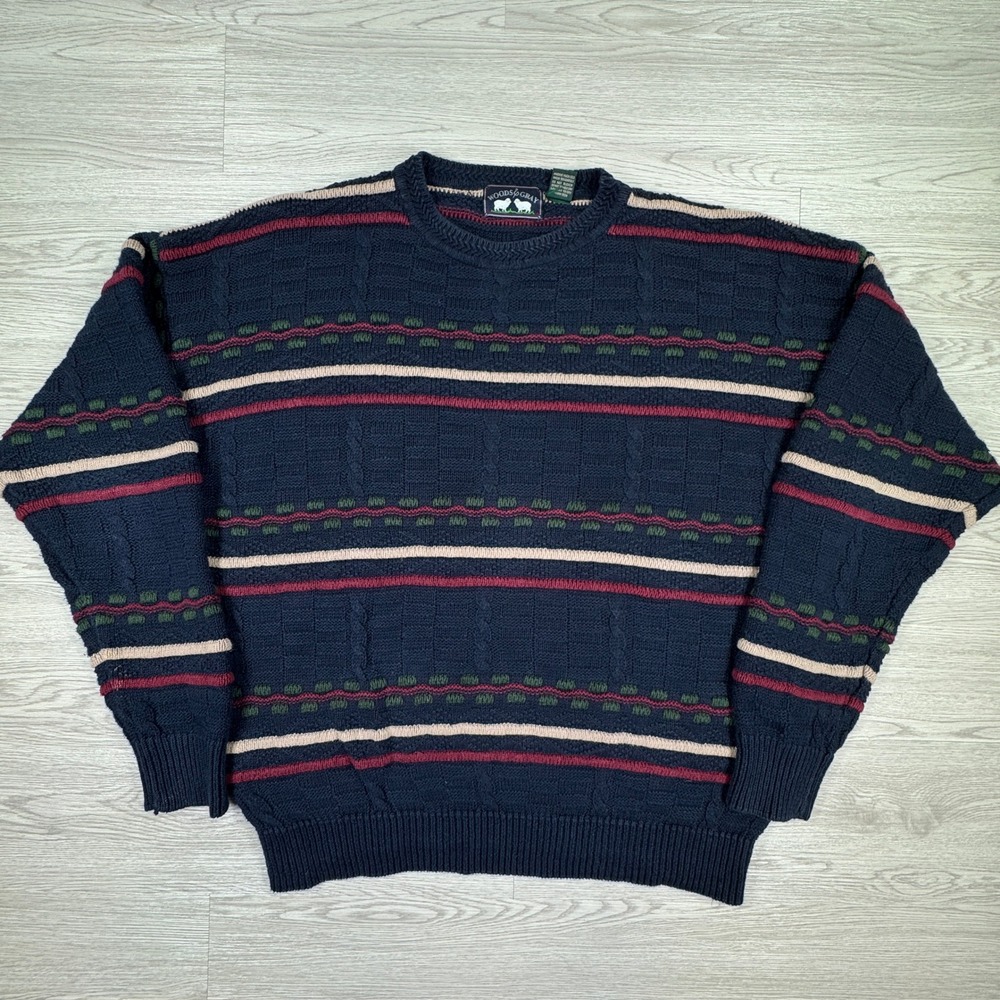 Woods & Gray Mens Sweater XL Vintage Cable Knit Striped Navy Blue Ramie Cotton